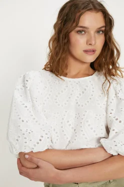 Clearance Oasis Broderie Puff Sleeve Top White