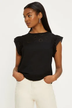 Hot Oasis Broderie Yoke And Frill Sleeve Slub Black