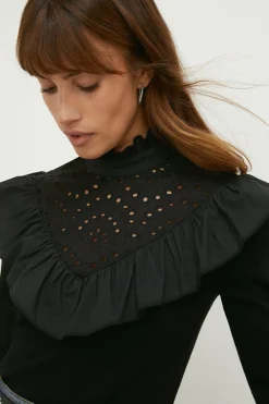 New Oasis Broidery Yoke Detail Woven Mix Jumper Black