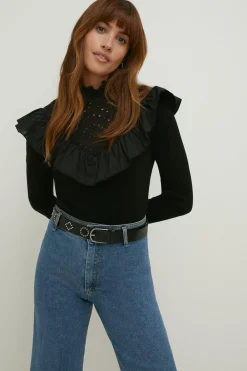 New Oasis Broidery Yoke Detail Woven Mix Jumper Black