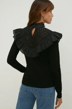 New Oasis Broidery Yoke Detail Woven Mix Jumper Black