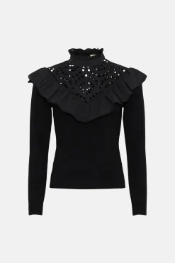 New Oasis Broidery Yoke Detail Woven Mix Jumper Black