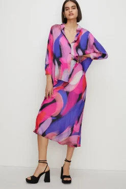 Sale Oasis Brushstroke Printed Bias Midi Skirt Multi