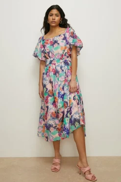 Hot Oasis Busy Daisy Printed Bardot Midi Dress Light Pink