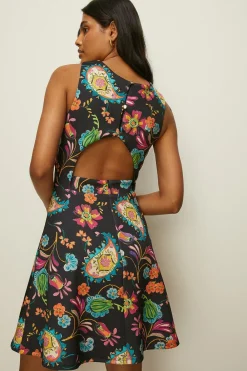 New Oasis Button Detail Printed Scuba Skater Dress Multi