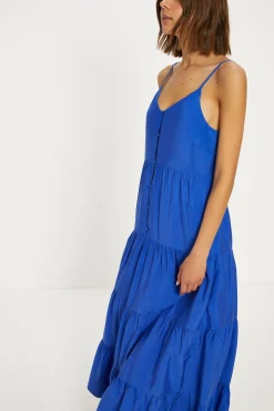 Fashion Oasis Button Front Textured Tiered Maxi Dress Cobalt