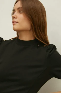 Sale Oasis Button Shoulder Skater Ponte Dress Black