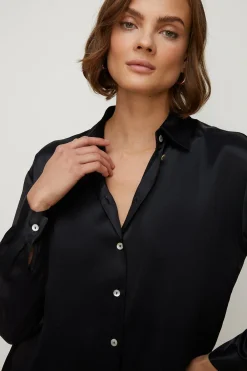 Outlet Oasis Button Through Long Sleeve Satin Shirt Black