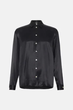 Outlet Oasis Button Through Long Sleeve Satin Shirt Black