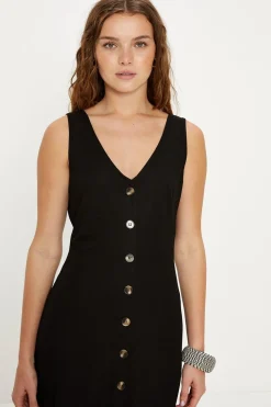 Hot Oasis Button Through Pique Midi Dress Black