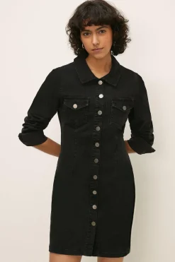 Discount Oasis Button Through Stretch Denim Dress Black