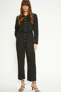 Clearance Oasis Button Through Tie Waist Tencel Jumspuit Black
