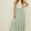 New Oasis Button Through Tiered Midi Skirt Sage