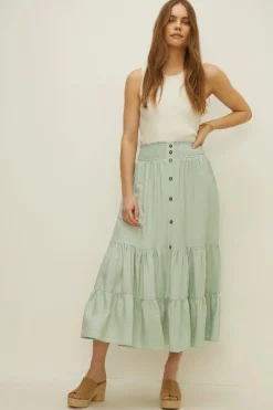 New Oasis Button Through Tiered Midi Skirt Sage