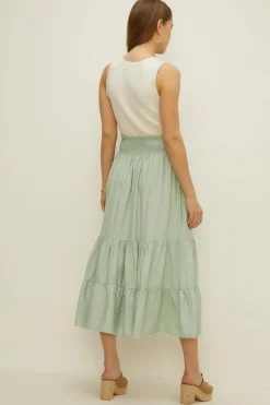 New Oasis Button Through Tiered Midi Skirt Sage