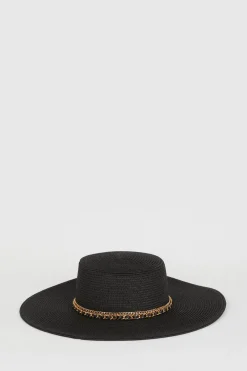 New Oasis Chain Detail Straw Floppy Hat Black