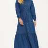 Hot Oasis Chambray Belted Button Through Midi Dress Blue