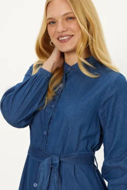 Hot Oasis Chambray Belted Button Through Midi Dress Blue