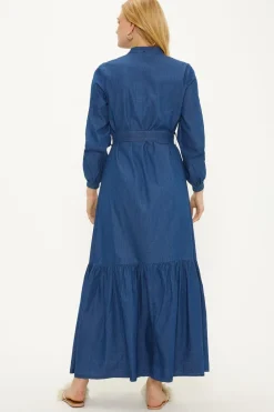 Hot Oasis Chambray Belted Button Through Midi Dress Blue