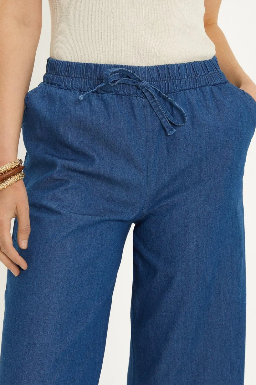 Best Oasis Chambray Drawstring Wide Leg Trouser Blue