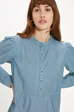 Clearance Oasis Chambray Pintuck Mini Dress Mid Wash