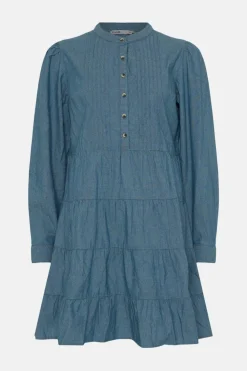 Clearance Oasis Chambray Pintuck Mini Dress Mid Wash