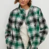 Hot Oasis Check Collared Top Stitch Detail Short Coat Green
