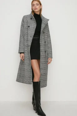 New Oasis Check Collared Top Stitch Detail Coat Black