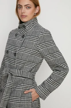 New Oasis Check Collared Top Stitch Detail Coat Black