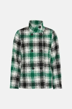 Hot Oasis Check Collared Top Stitch Detail Short Coat Green