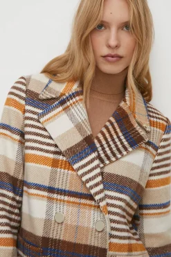 Hot Oasis Check Double Breasted Pea Coat Brown