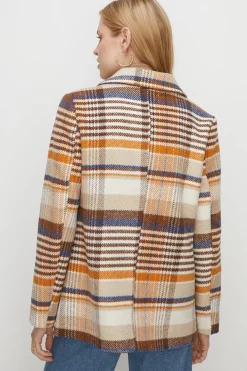 Hot Oasis Check Double Breasted Pea Coat Brown