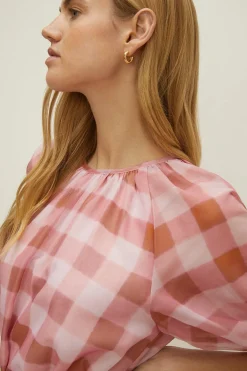 Online Oasis Check Puff Sleeve Belted Midi Dress Pink