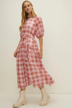 Online Oasis Check Puff Sleeve Belted Midi Dress Pink