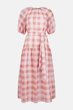 Online Oasis Check Puff Sleeve Belted Midi Dress Pink