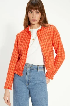 Hot Oasis Check Tweed Fringed Blazer Orange