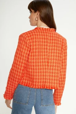 Hot Oasis Check Tweed Fringed Blazer Orange