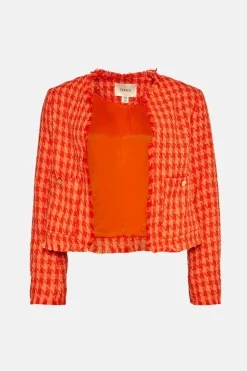 Hot Oasis Check Tweed Fringed Blazer Orange