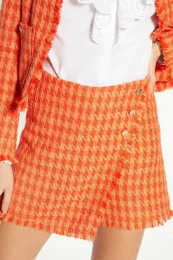 Sale Oasis Check Tweed Fringed Skort Orange