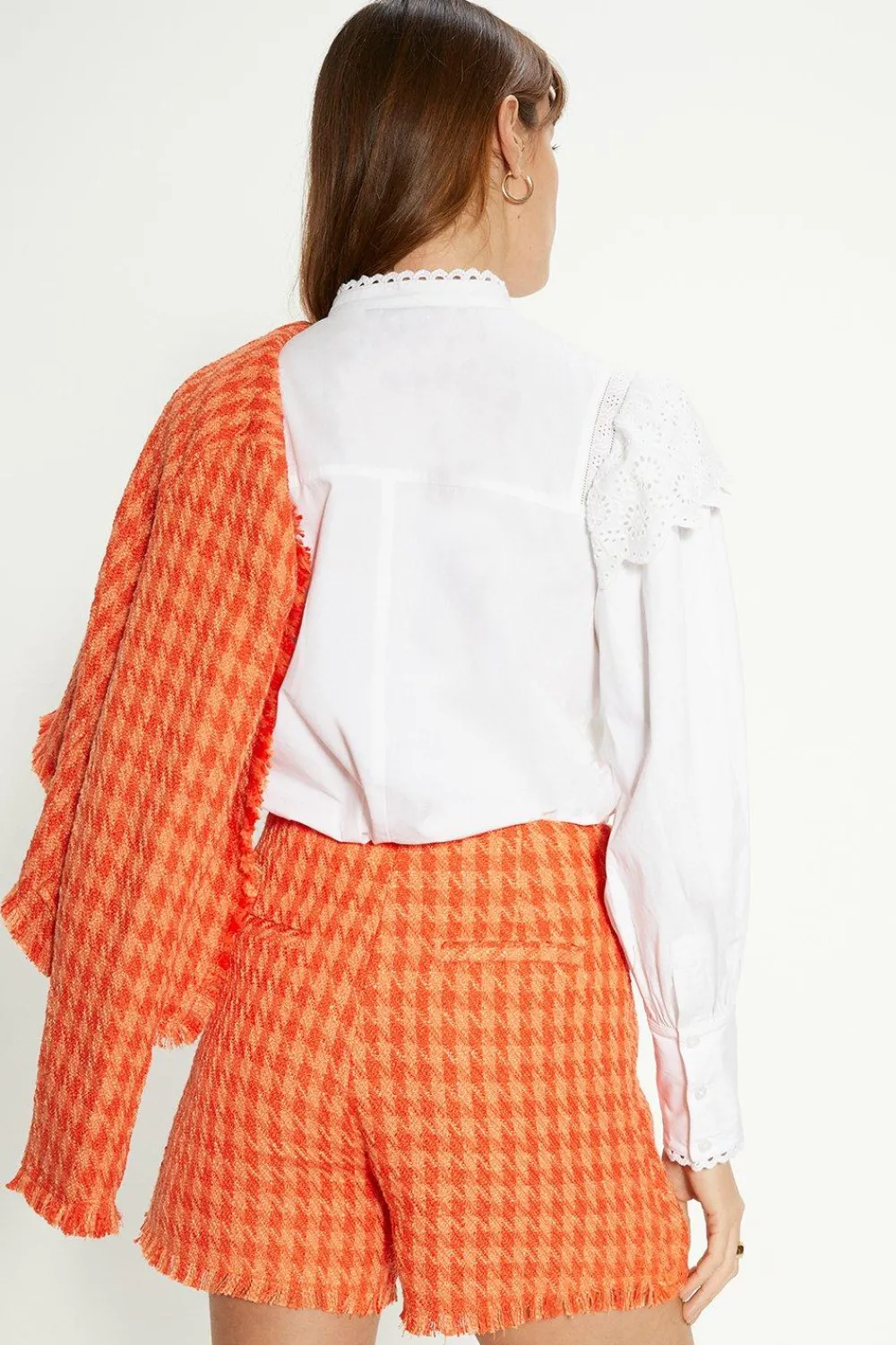 Sale Oasis Check Tweed Fringed Skort Orange