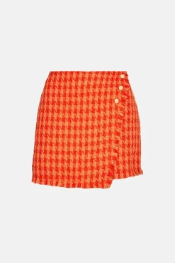 Sale Oasis Check Tweed Fringed Skort Orange