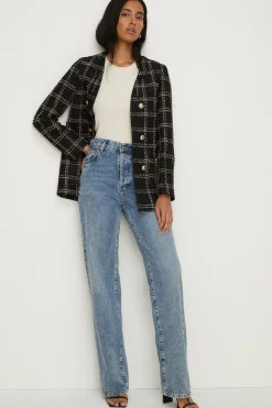 Hot Oasis Check Tweed Sequin Button Detail Blazer Black