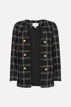 Hot Oasis Check Tweed Sequin Button Detail Blazer Black
