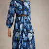 Fashion Oasis Cluster Floral Lace Balloon Sleeve Dobby Midi Dress Navy