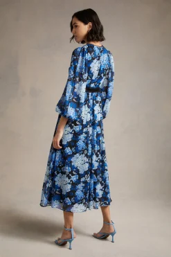 Fashion Oasis Cluster Floral Lace Balloon Sleeve Dobby Midi Dress Navy