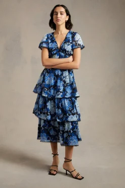 Sale Oasis Cluster Floral Lace Tiered Dobby Midi Dress Navy
