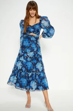 Discount Oasis Cluster Floral Organza Ruched Cut Out Midi Dress Navy