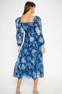 Discount Oasis Cluster Floral Organza Ruched Cut Out Midi Dress Navy