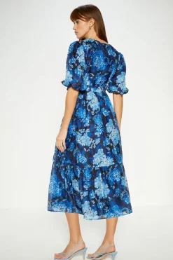 Clearance Oasis Cluster Floral Organza Wrap Midi Dress Navy