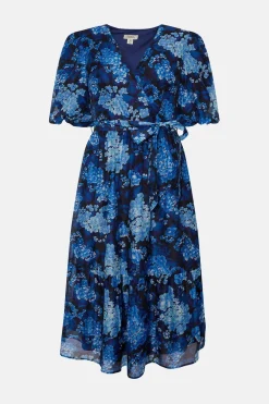 Clearance Oasis Cluster Floral Organza Wrap Midi Dress Navy